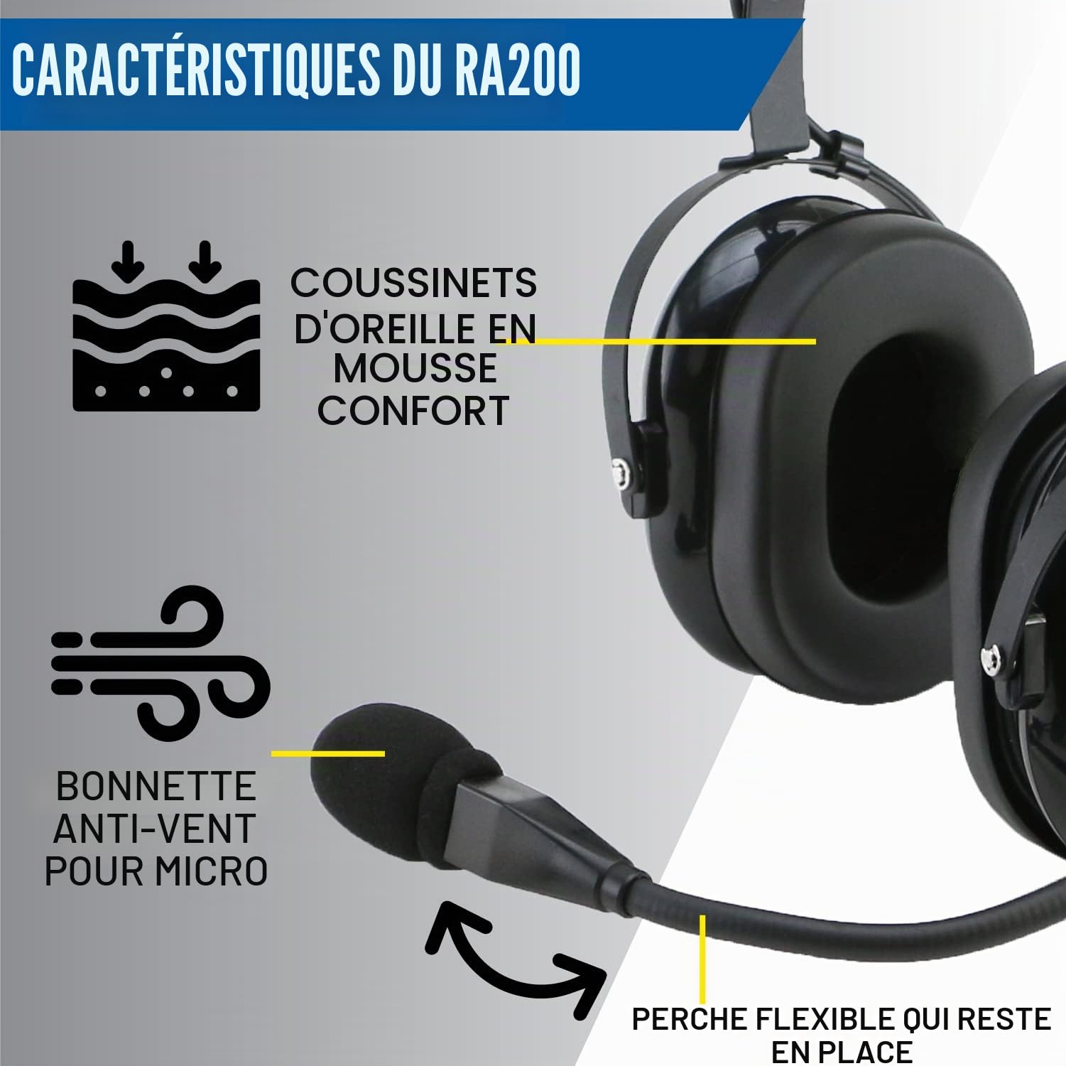 WINCASE Rugged Air RA200 Black General Aviation Pilot Headset by Rugged Air