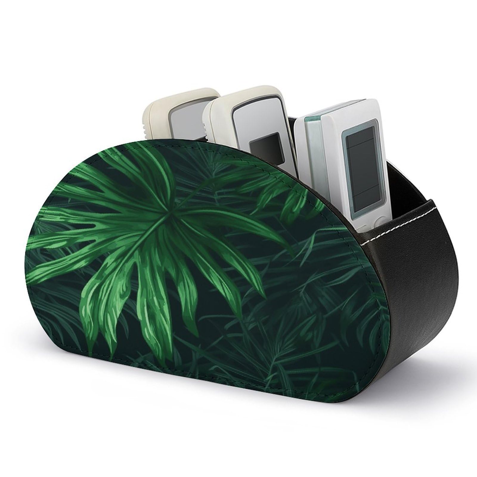 VstaDank Green Tropical Jungle Plant Remote Control Holder Farmhouse TV Media Remote Storage Box with 5 Compartments PU Leather Remote Caddy Desktop Organizer for Home Bedside Table Organizer