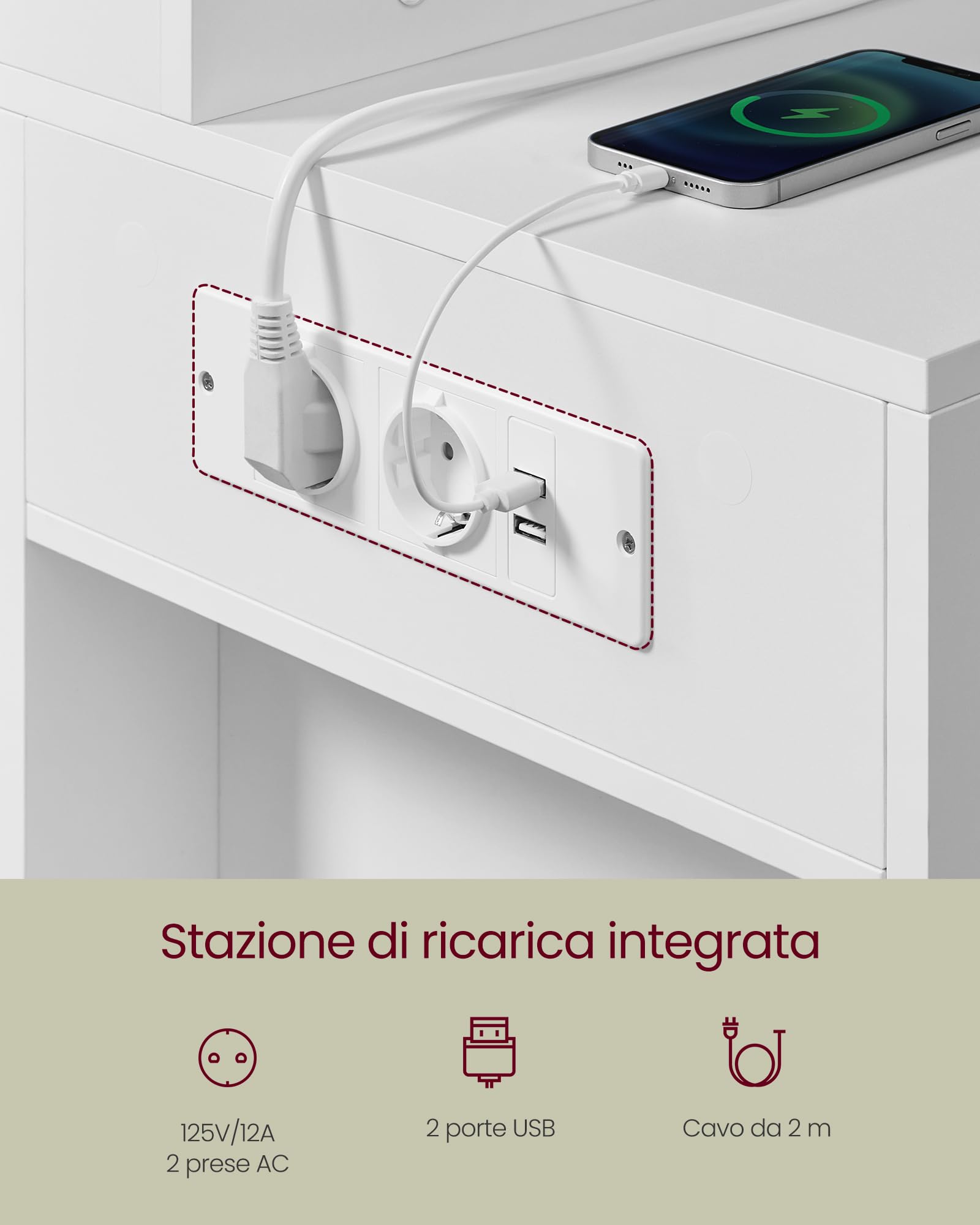 VASAGLE KAILYN Collezione - Toeletta da Trucco con Luce LED e Sgabello, Postazione Trucco con Specchio, Portagioielli, Stazione di Ricarica, 40 x 125 x 140 cm, con Cassetti, Bianco Nuvola RDT127WB01