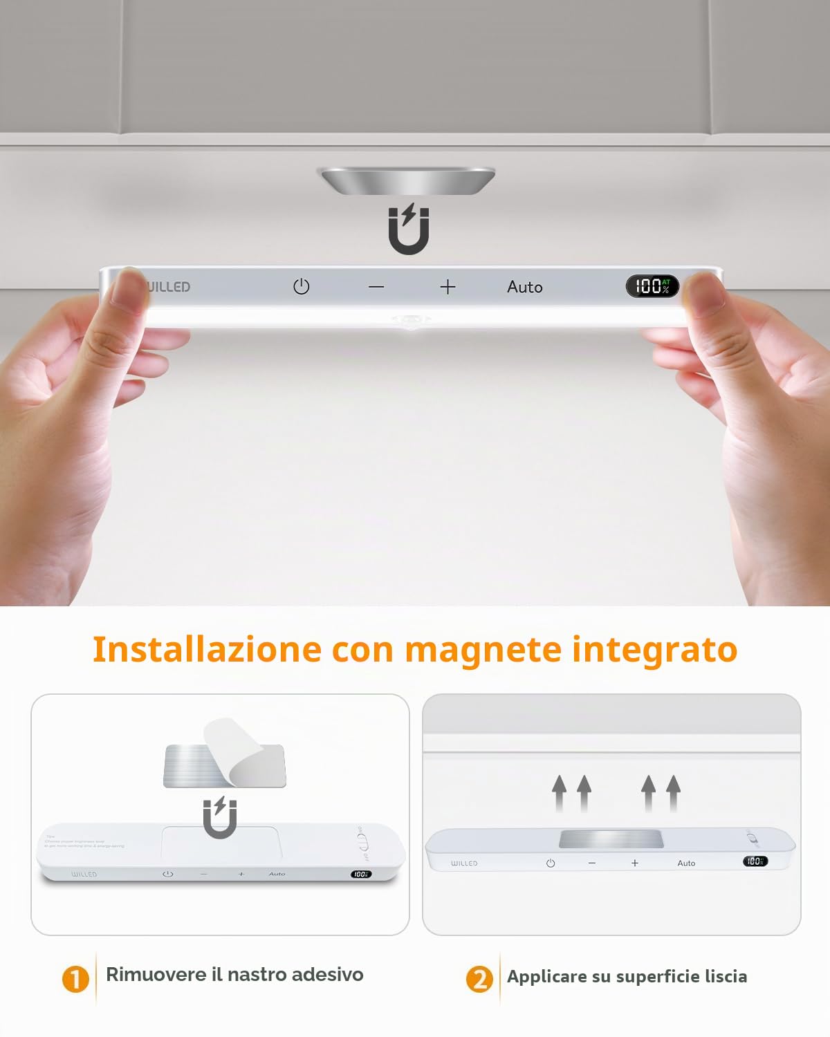 WILLED Luci con sensore di movimento per interni, display dei livelli della batteria, batteria ricaricabile a 60 LED sotto l'armadio luci della cucina, banconi, confezione da 4