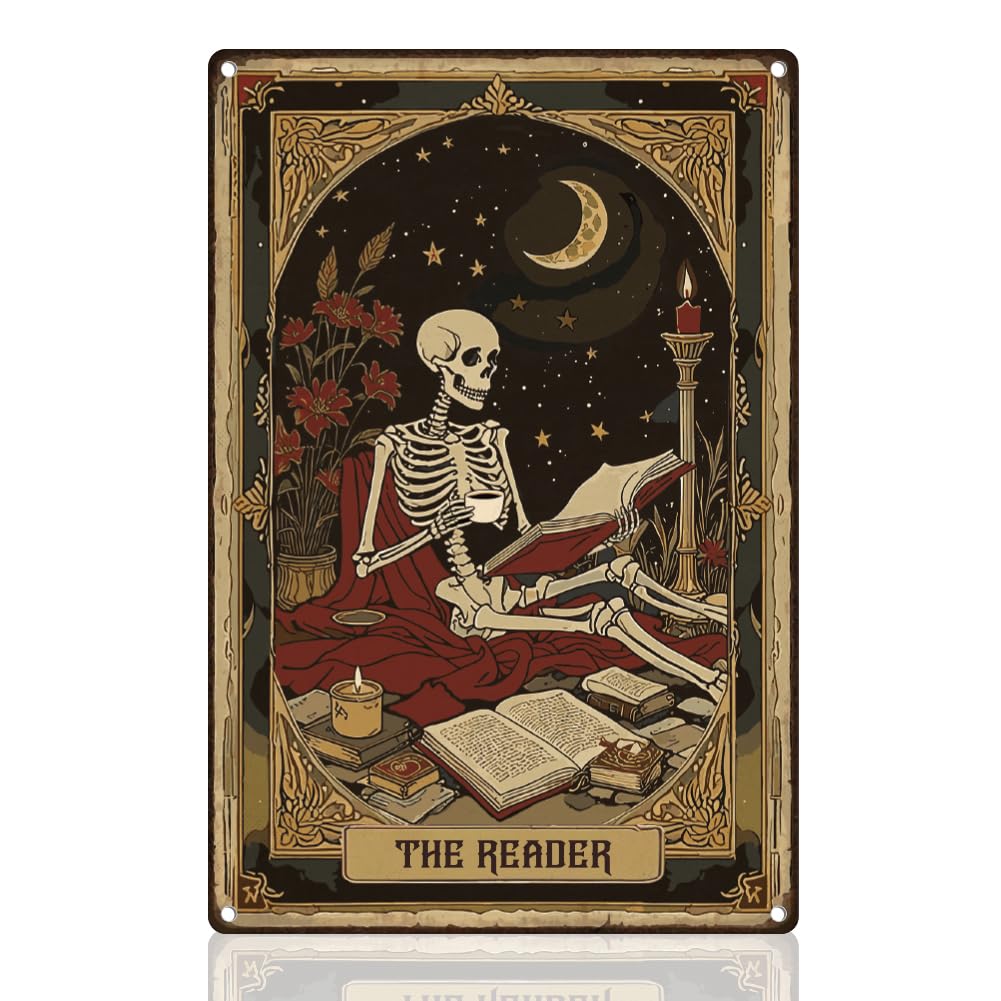 DOODLREAM Skeleton Reader Tarot Halloween Metal Tin Sign Home Wall Decor
