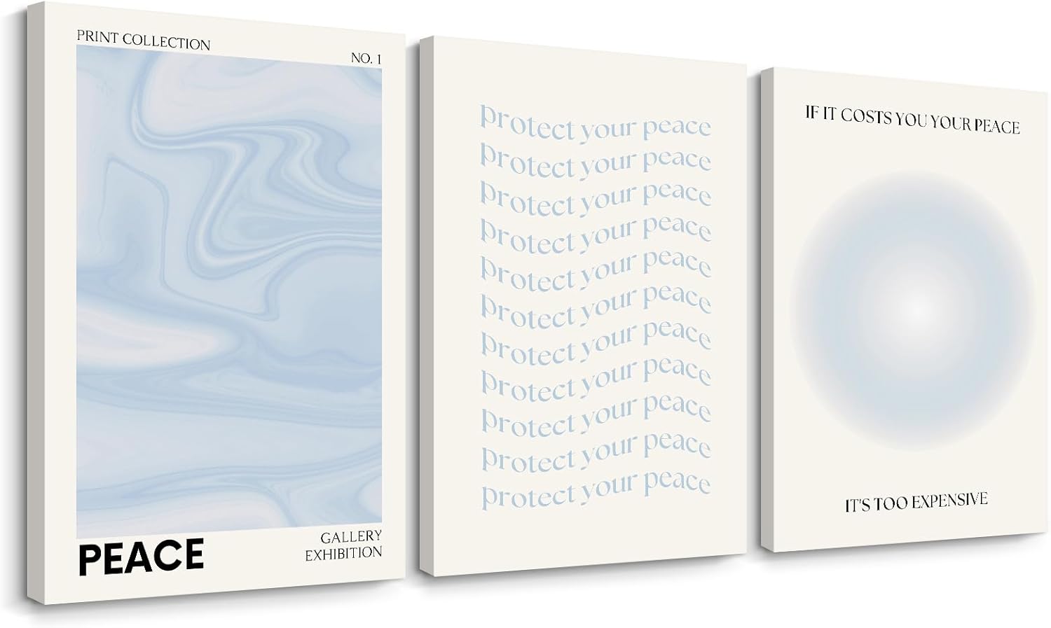 Blue Aura Wall Art Decor Retro Aesthetic Canvas Wall Art Pastel Abstract Pictures Prints Preppy Gradient Spiritual Poster Trendy Artwork Blue Painting for Room Bedroom 16x24 Inch Framed Set of 3 24L" x 16W" Blue - Wrapped Canvas