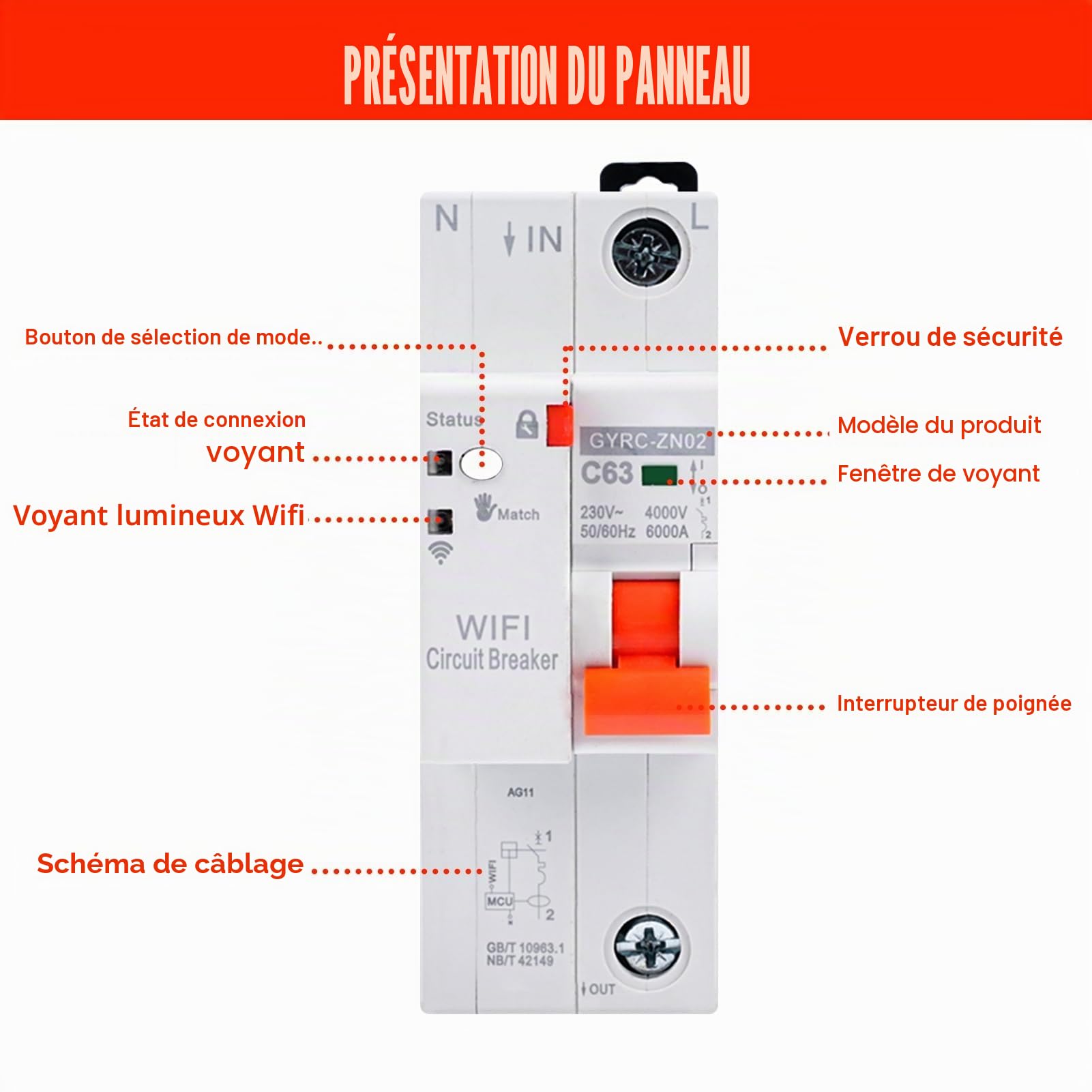 Jadeshay Disjoncteur Différentiel 63A, Tuya Disjoncteur WiFi Intelligent Interrupteur wifi Avec Protection de réenclenchement, Protection Contre les Surtensions et les Sous-tensions 230V 1P