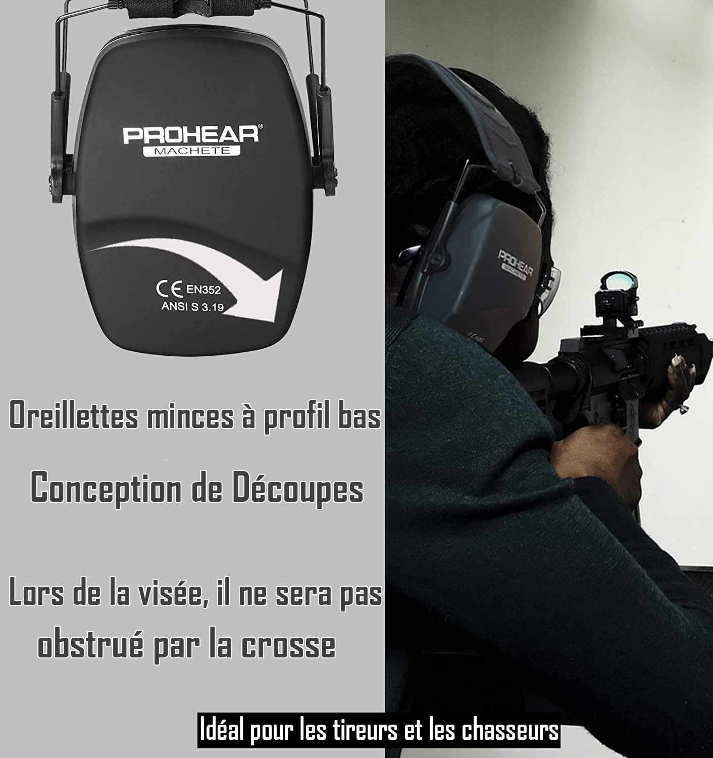 PROHEAR 016 Cuffie Poligono per Tiro Al Piattello, 28dB SNR, Riduzione del Rumore, Caccia Cuffie Antirumore, Protezione dell'Udito Regolabile per AdultI,Nero
