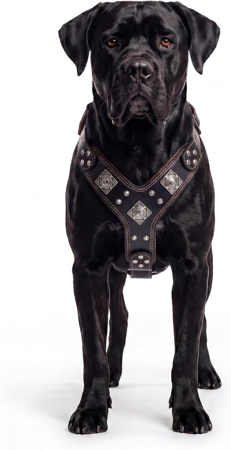 Bestia ''Eros'' Arnés de Cuero con Placa para el Pecho del Perro Grande | Talla M- de 50 cm a 75 cm, para razas grandes y medianas, Naranja & Negro