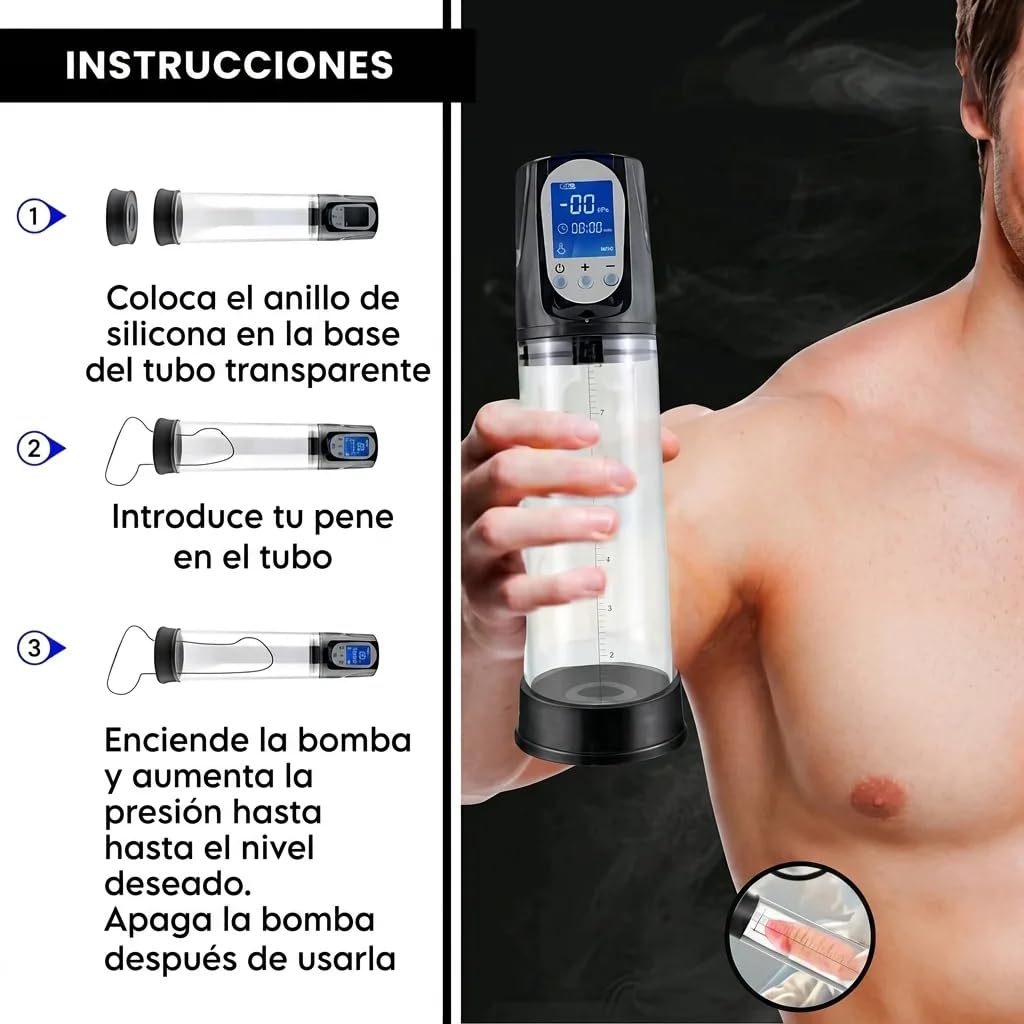 Bomba de Pene Eléctrica Automática con Pantalla LED | 2 Anillos de Silicona | Carga USB | Impermeable | Estimulador y Amplificador Masculino