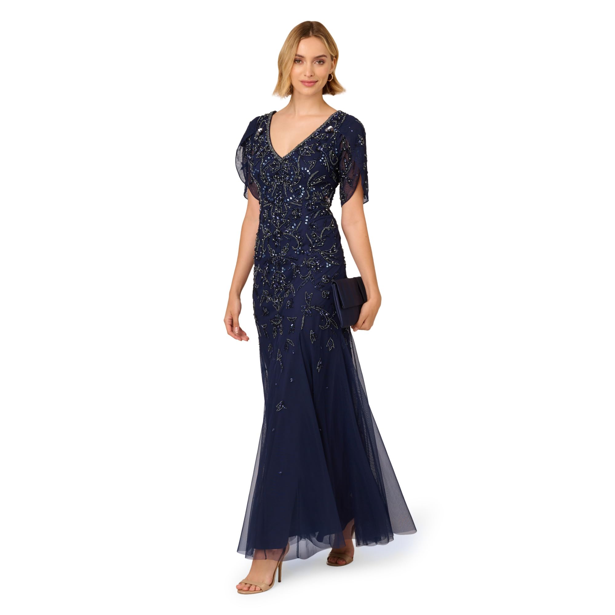 Adrianna Papell Bead MESH Long Dress Light Navy