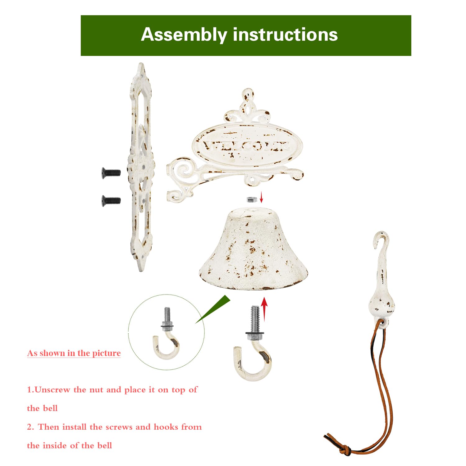 Sungmor Campana de Cena de Hierro Fundido rústico Blanco para Colgar en la Pared, Campana de Puerta Exterior, Timbre Decorativo, Campana de Cena montada en la Pared para Interiores y Exteriores