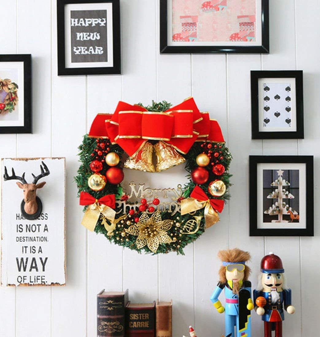 H&W Couronne de Noël artificielle de taille moyenne (40 cm) pour porte d'entrée, mur, fenêtre, poinsettia artificiel avec clochette, nœud et petits ornements (MC7-D1)