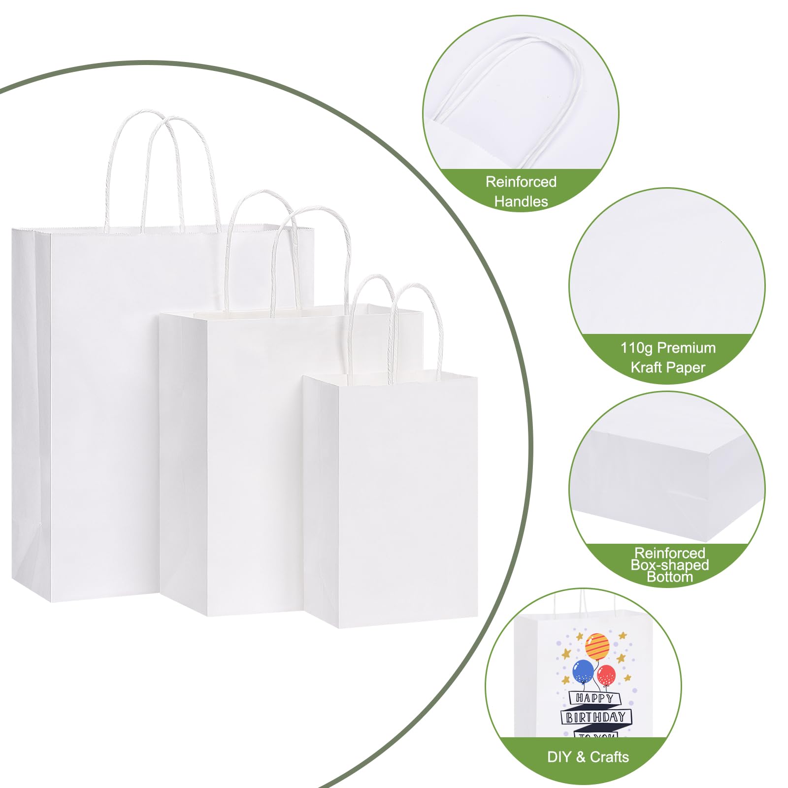 OUTUXED 120 bolsas de papel con asas de varios tamaños, bolsas de papel blanco kraft a granel, 3 tamaños mixtos, bolsas de regalo, bolsas de venta al por menor para fiestas, cumpleaños, compras,