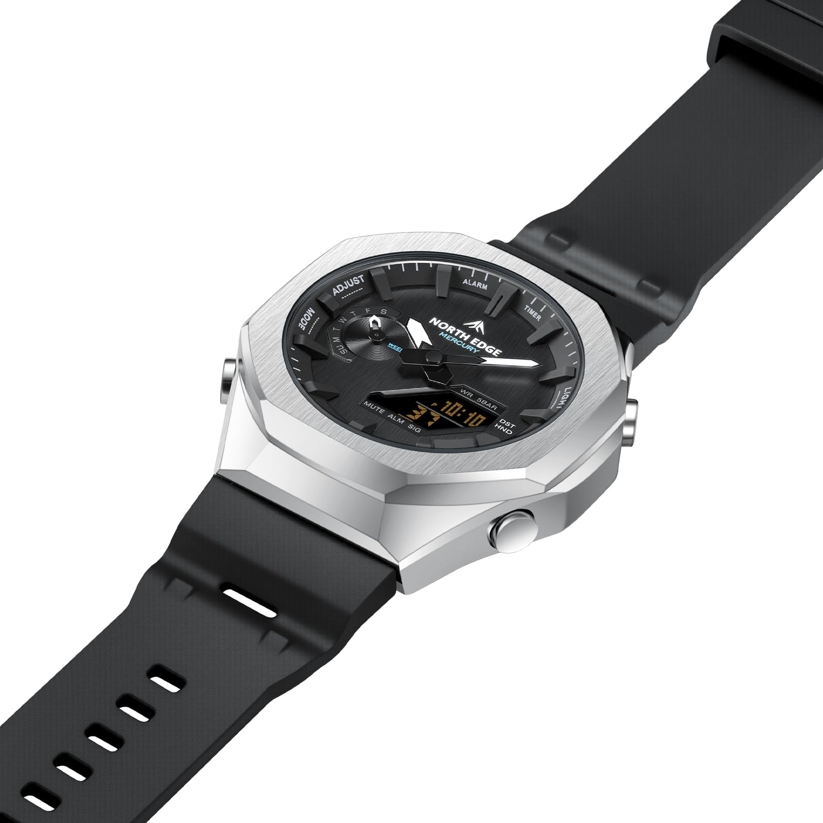 NORTH EDGE Mercury - Reloj analógico digital para hombre, hora dual, cronómetro, temporizador de cuenta regresiva, hora mundial, 5 alarmas, reloj deportivo de estilo militar