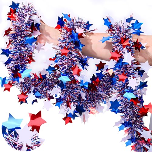 Image of 50 Feet Patriotic Tinsel Garland 4th of July Decorations, Red White and Blue Tinsel Garlands Metallic Glitter Garland for Fourth July Independence Day Memorial Day Outdoor Indoor Decor
