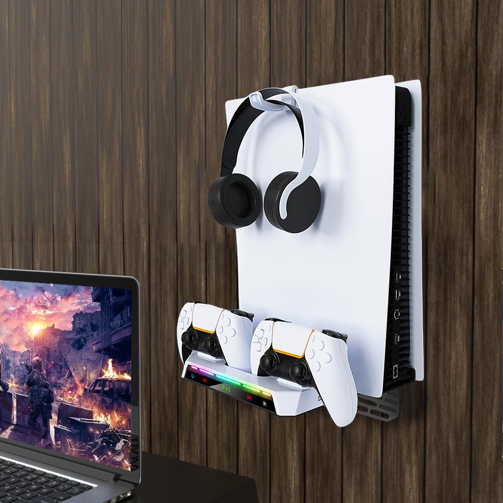 2Set Półka Pływający uchwyt z podwójną stacją ładującą kontrolera Światło RGB Stojak ścienny z uchwytem na zestaw słuchawkowy Metalowa wisząca podstawka ładująca do konsol PS5 i PS5 Slim Płyty