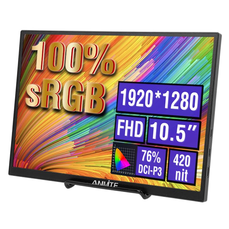 Image of Portable Monitor for Laptop 10.5 Inch Computer Gaming Display Metal Enclosure Mobile Display External Display for Xbox PS4 Phone with Speakers Type-C USB-C HDMI IPS FHD 1280P LED Screen