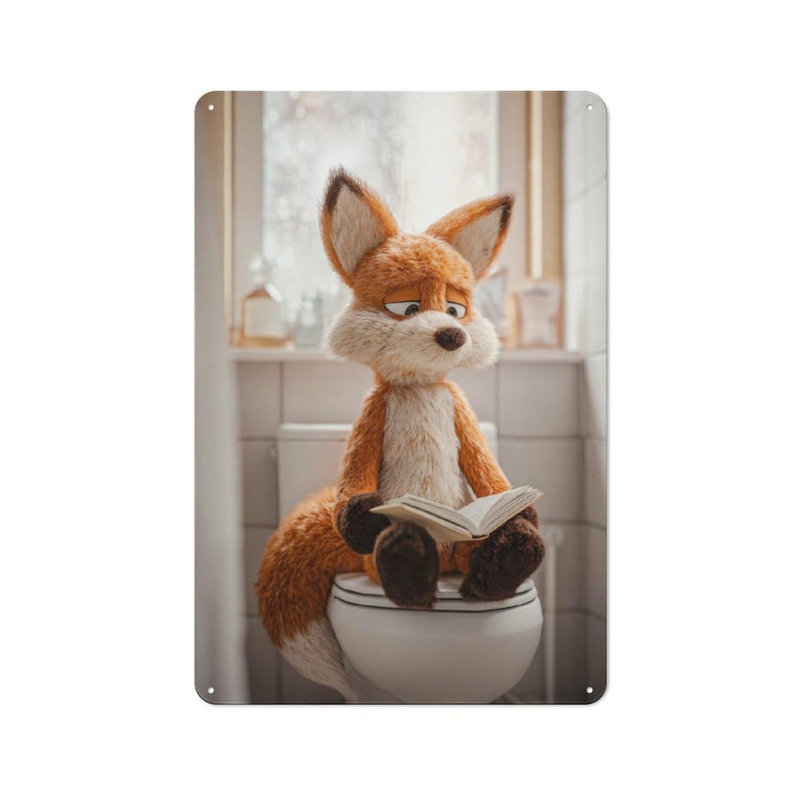 Junmoney Style-17 For Lounge Or Reading Corner, Fox Reading A Book On A Toilet Retro Tin Sign 30X20cm, Gift For Reading Corner Decorators During The Christmas Season