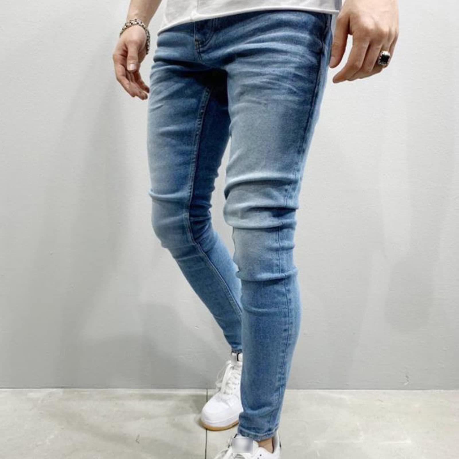 Men's Slim Fit Skinny Stretch Jeans Vintage Washed Straight Leg Denim Pants Classic Retro Pencil Jean Trousers (Light Blue,Small)