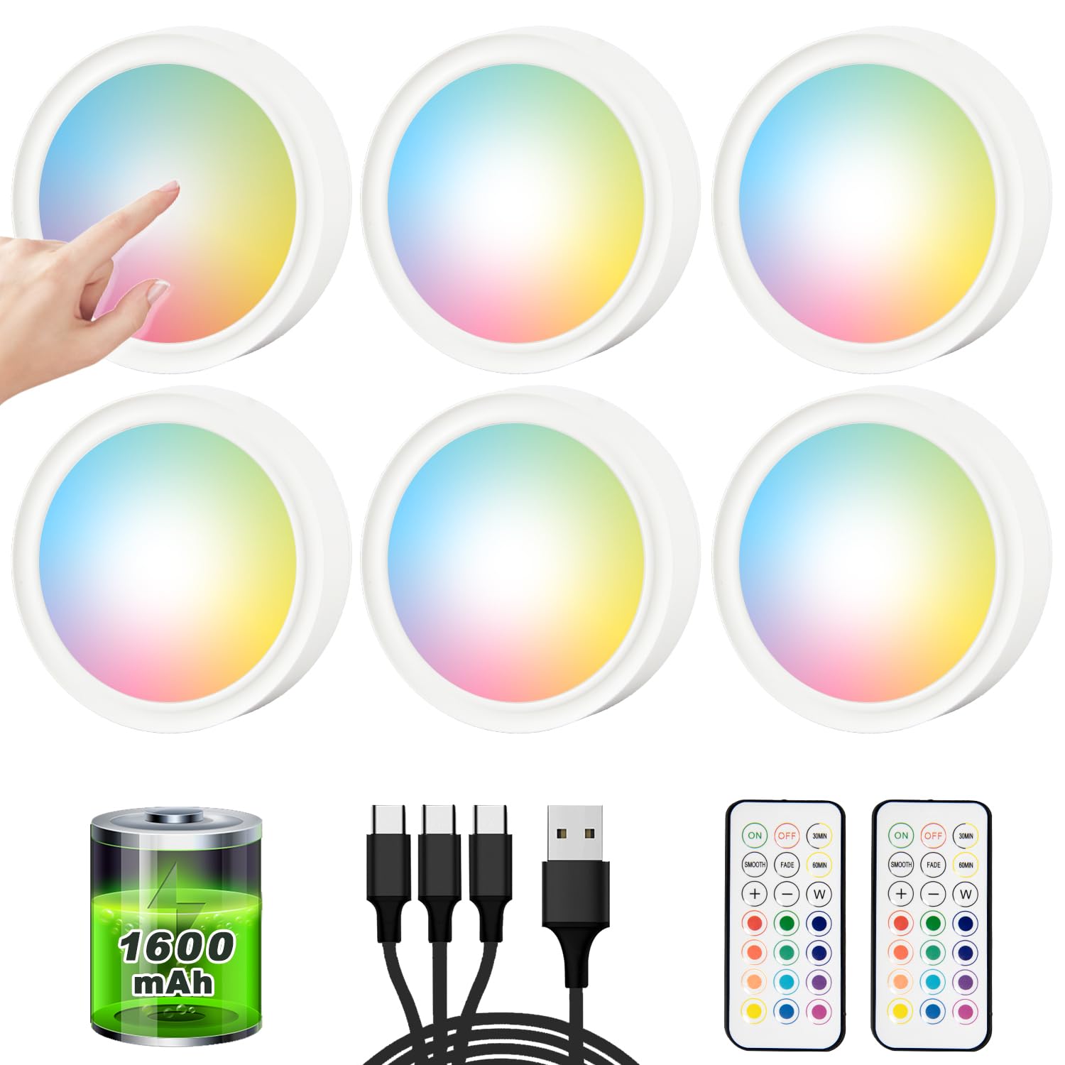 USB Rechargeable Closet Lighting Wireless Under Cabinet Lights Battery Operated with Remote Control, LED Puck Lights Magnetic Stick on Shelf Lighting Push Tap Touch Under Counter Light For Kitchen RGB