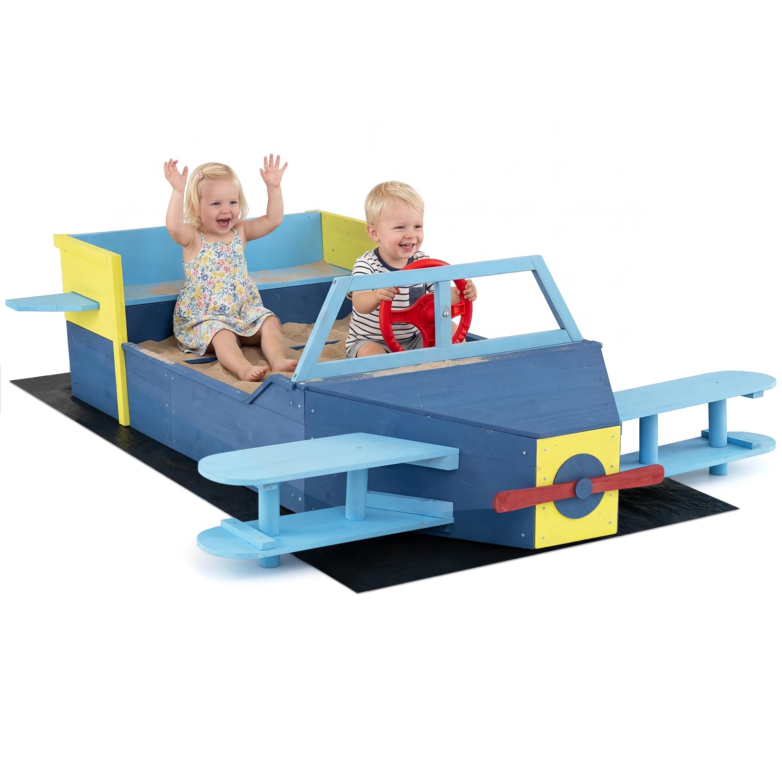 COSTWAY Caja de Arena para Niños, Arenero Infantil de Madera de Abeto con Forma de Planeador, Banco Asiento, Base Abierta y Forro Inferior, Juguete Arenero para Playa Patio Jardín Niños de 18+ Meses
