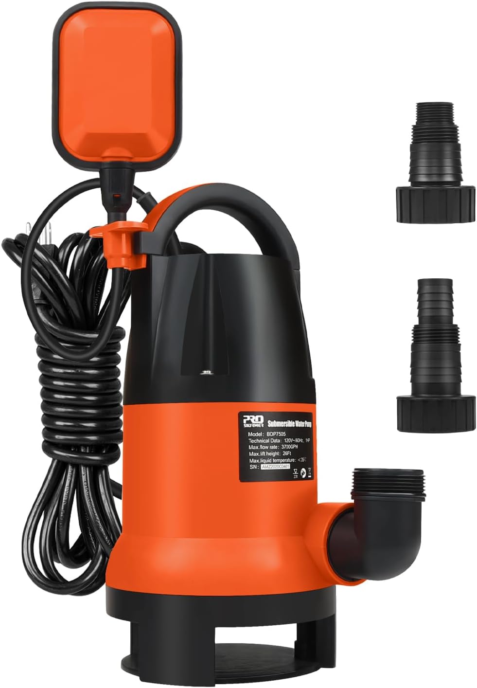 Sump Pump, Prostormer 1HP 3700GPH Submersible Clean/Dirty Water Pump with Automatic Float Switch for Pool, Pond,Garden, Flooded Cellar, Aquarium and Irrigation (Orange)