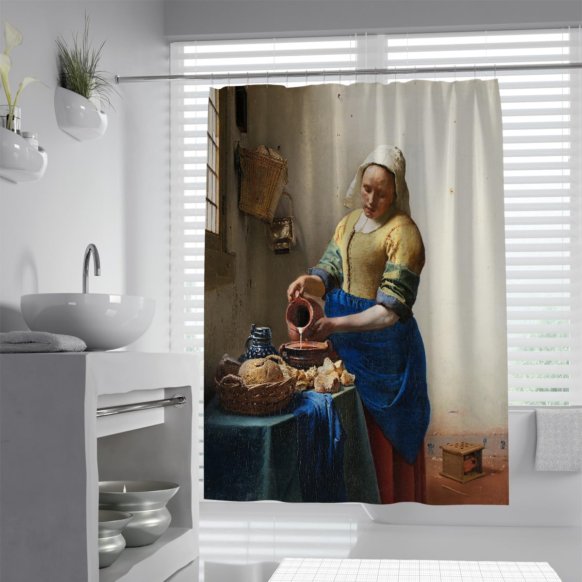 Klassisches barockes Küchenleben Ölgemälde Duschvorhang Das Milchmädchen-Muster Badewannenvorhang Berühmtes Meisterwerk Badezimmerdekoration mit Wasserdichten Haken 180 x 220 cm