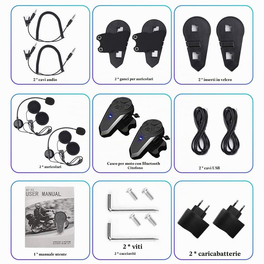 BT-S3 1000m Cuffie per casco interfono Cuffie Sistemi di comunicazione in tempo reale Vivavoce Radio FM Impermeabile Interfono Bluetooth per 2 o 3 Riders(2 Pezzi)