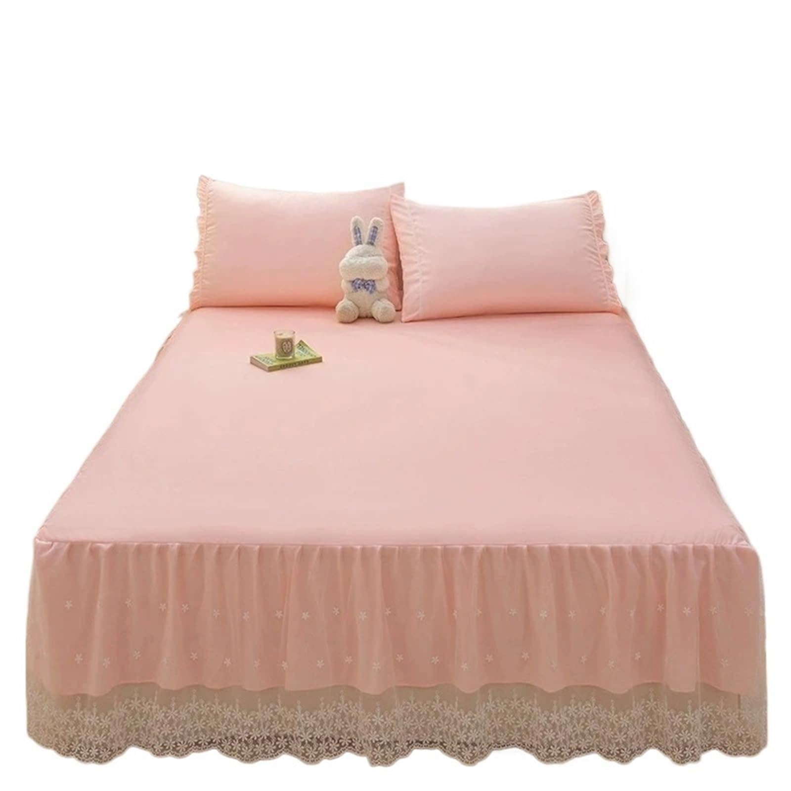 Ruffled Bedspread Pink Elegant Princess Bed Skirt Lace Ruffles Design Single Layer Cover Soft Skin-friendly Bedding Copriletti In Pizzo(Pink,1PC-200x220cm)