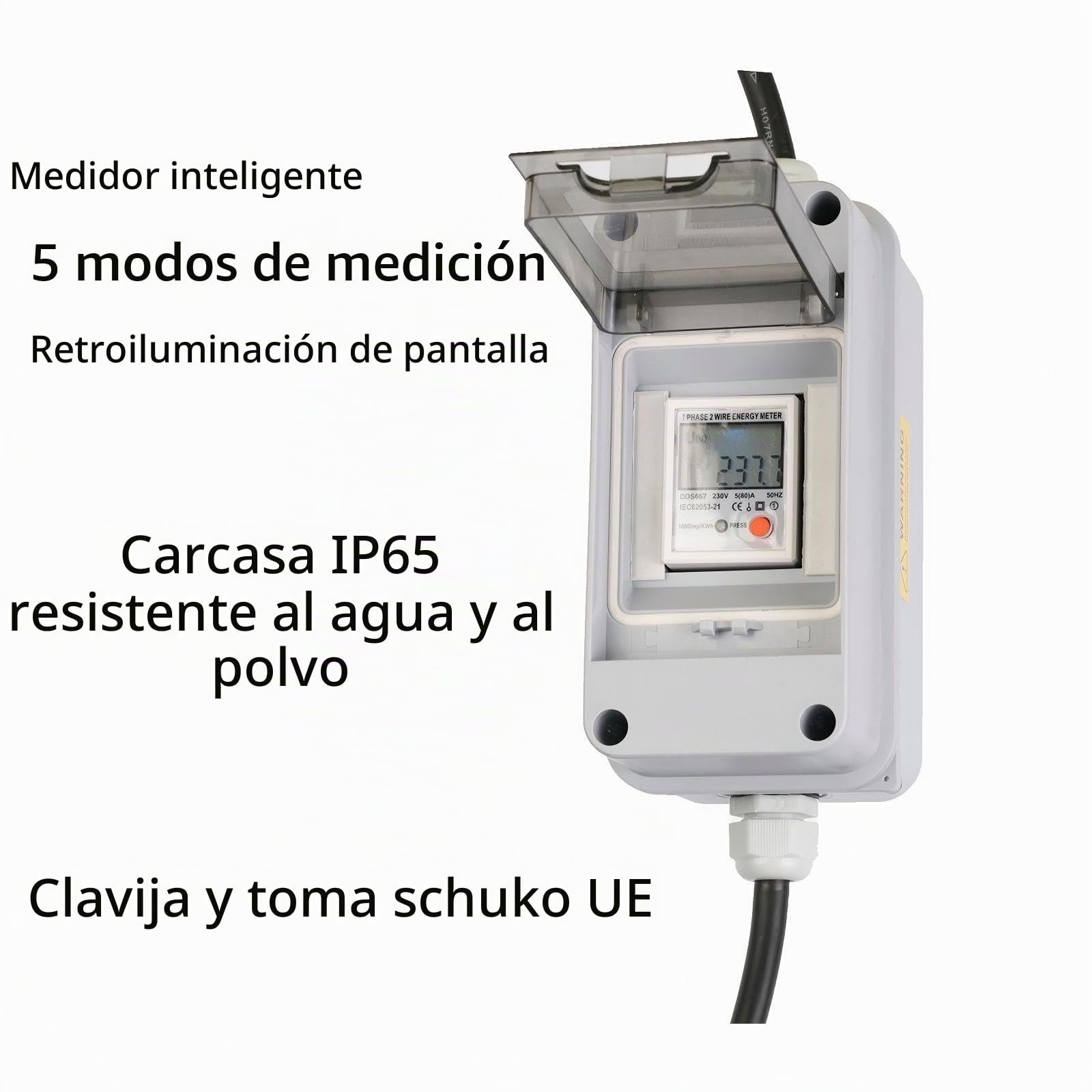 Medidor de Consumo Eléctrico Móvil IP65 con Botón de Reset & Cable H07RN-F – Contador de Energía para Kit Solar Autoconsumo, Caravana, Camping & Carga de Coche Eléctrico (Plug & Play)
