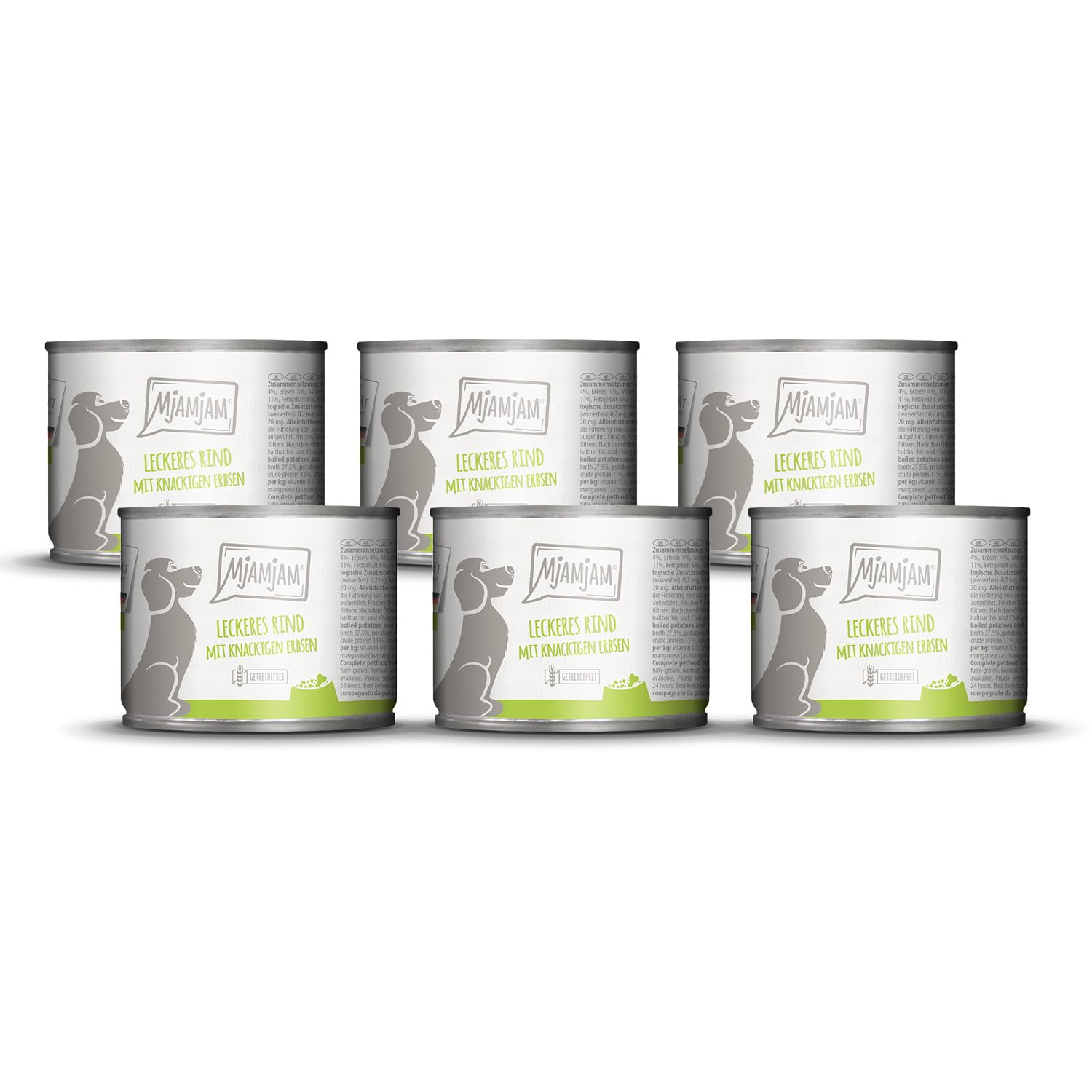 MjAMjAM - Premium Nassfutter für Hunde - leckeres Rind an gekochten Kartoffeln mit knackigen Erbsen, 6er Pack (6 x 200 g), naturbelassen mit extra viel Fleisch