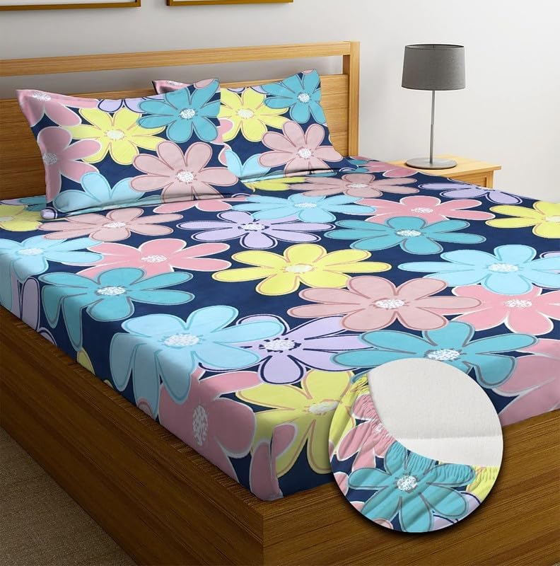 NEW LEAF Premium Cotton Elastic Fitted Bedsheets with 2 King Size Pillow Covers | Double Bed with All Around Elastic 220 TC Supersoft |Size-72 King Sizex78+10 inches |Blue Pink & Aqua