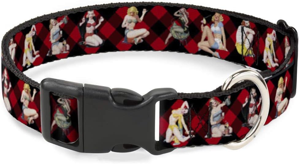 Buckle-Down 13-18" Pin Up Girl Poses Buffalo Plaid Blocks Black/Red Plastic Clip Collar, Wide Small