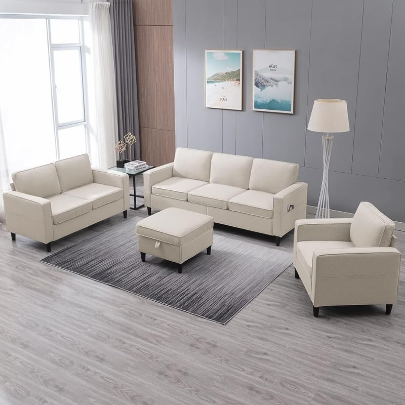 Homax. Slush 7-Seater Sofa Set for Living Room | 3+2+1+1 Solid Sal Wood Frame with Ottoman Storage & Side Pockets | Comfortable Fabric Sofa | Beige Color | Ideal for Home, Hall & Office Use-image-33