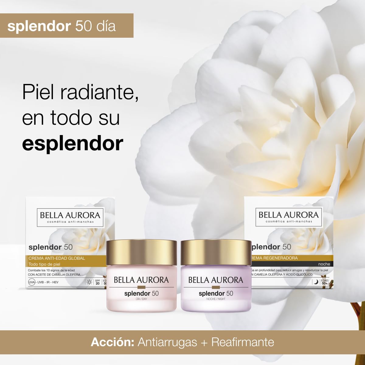 Bella Aurora Crema de Día Antiedad 50+ Años, 50 ml | Crema Facial Anti-Arrugas y Anti-Manchas | Tratamiento Facial Hidratante para Mujer SPF 20 | SPLENDOR 10