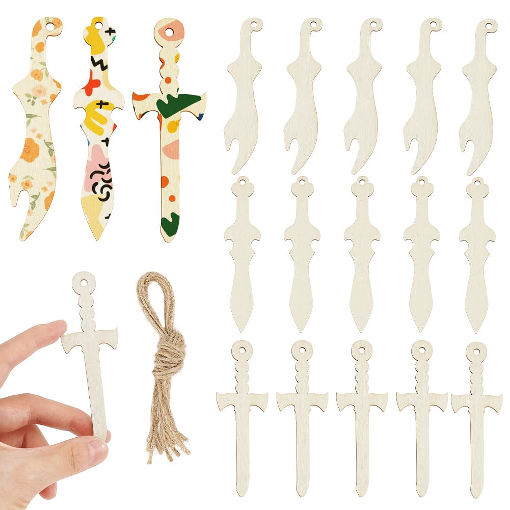 AHANDMAKER 30 Pcs Wooden Sword 3 Styles PeachPuff Unfinished Wood Crafts 4 Inch Small Wooden Crafts for Halloween Party DIY Crafts Supplies Activity Birthday Party Decoration