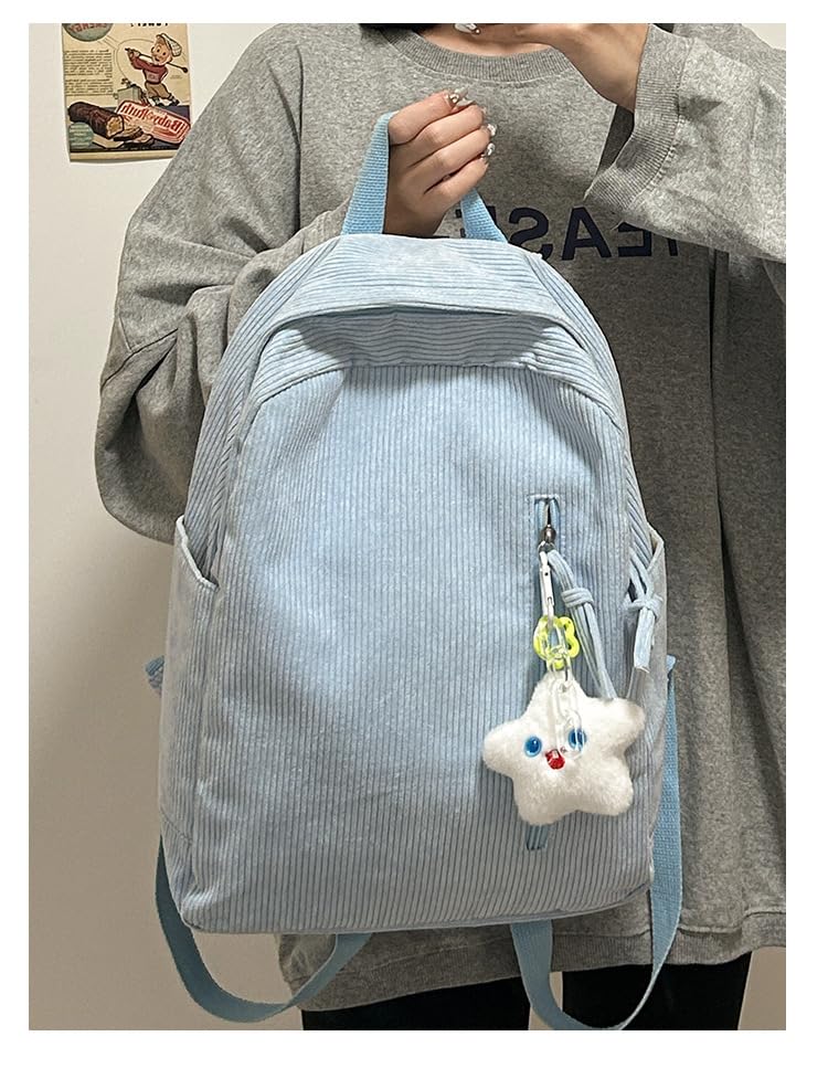 Trendy Corduroy Shoulder Bag Backpack, Cute Large Capacity Rucksack Y2k Daypack Streetwear Bookbag Work Travel Daily (Blue)3