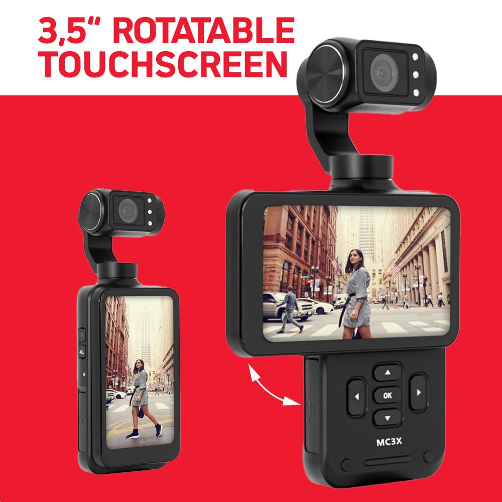 AGFA Photo Gimbal Realimove MC3X - Caméra Stabilisateur 3 Axes 4K Ultra HD, Écran Tactile Rotatif 3,5", 20 MP, Suivi de Visage, Vision Nocturne, Grand Angle 120°, Wi-FI, Autonomie 170 Min - Noir