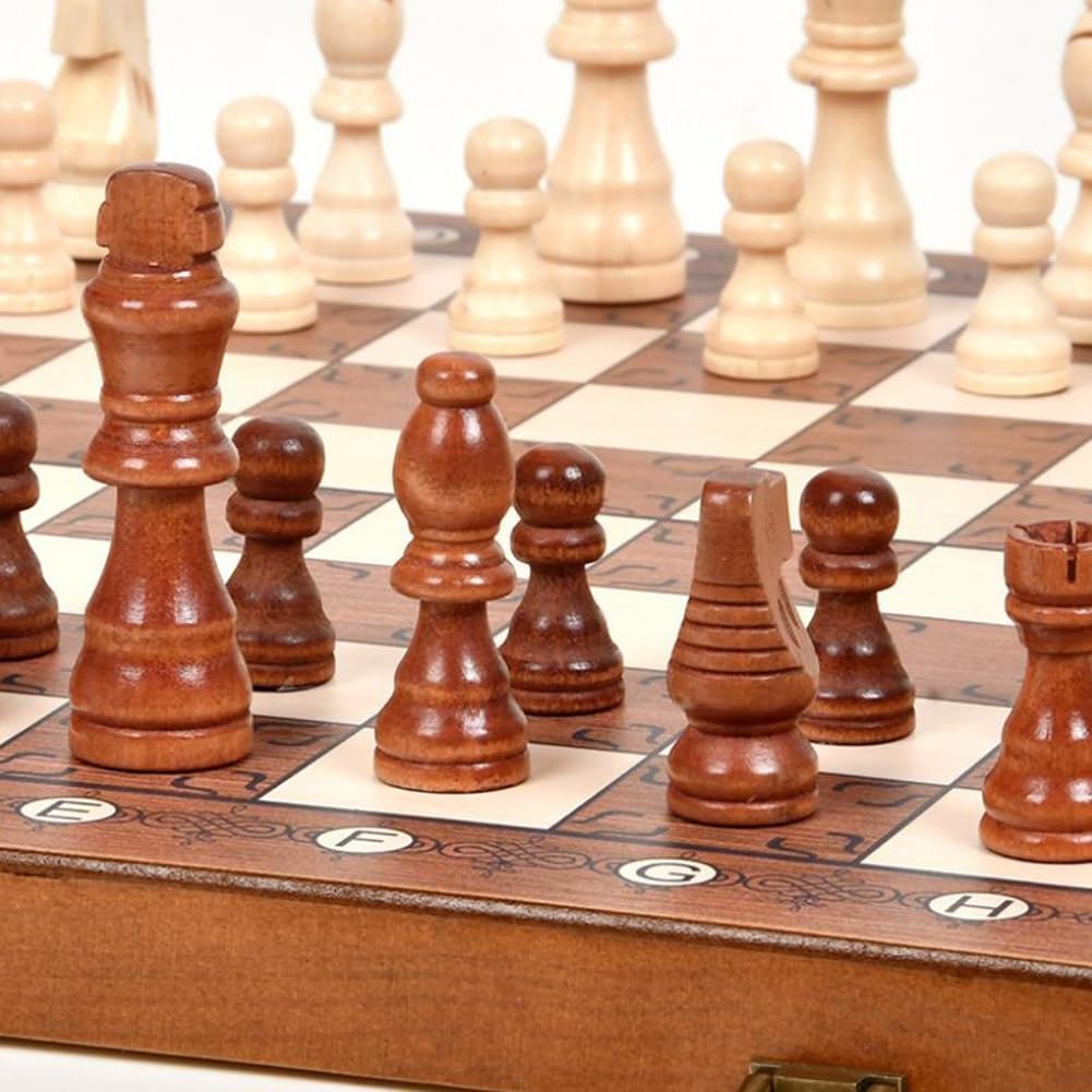 2-in-1 Foldable Magnetic Wooden Chess & Checkers Set, Portable Storage Board Tabletop Puzzle Game Toy