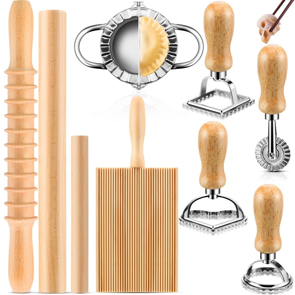 CTRLZS 9 Pcs Pasta Cutter, Gnocchi Board, Ravioli Stamp, Wood Threaded Pasta Roller -Making Tools Set