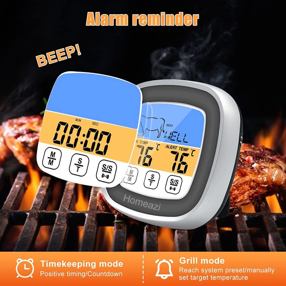 review Homeazi Digital Meat Thermometer,Food Temperature Instant Read ,Timer, Touch Screen Food Thermometer , Use for Cooking/Grilling/BBQ/Baking/Frying,1PACK (Grey)