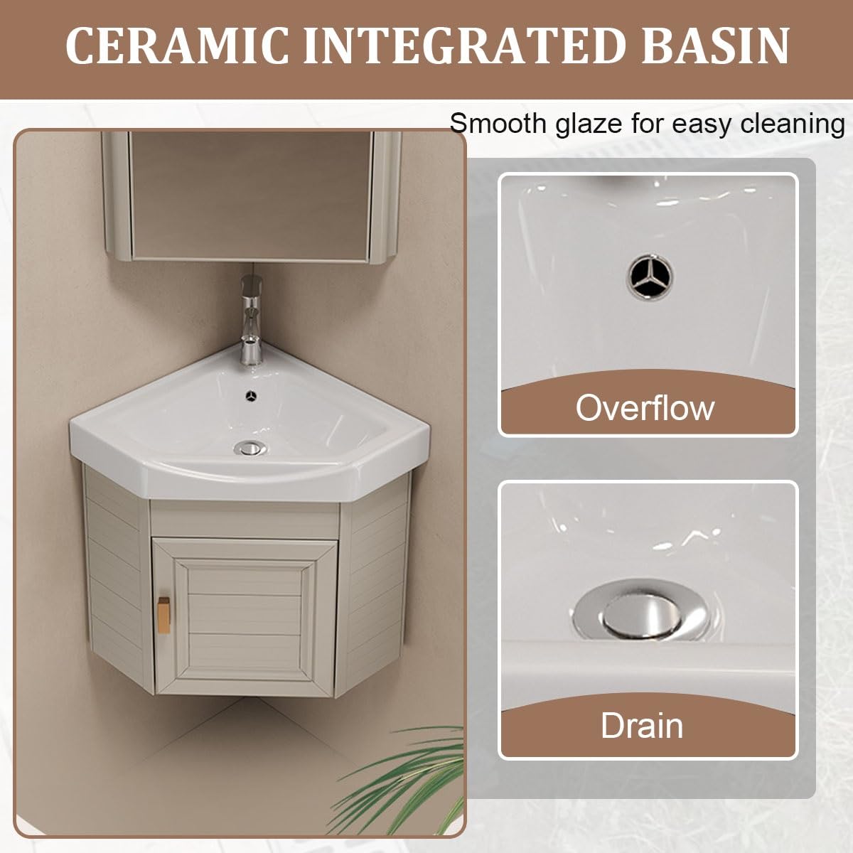 Fregadero esquinero compacto de cerámica blanca, montado en la pared, ahorra espacio, para baños pequeños y apartamentos, diseño de 48 cm para espacios limitados, accesorio de baño moderno