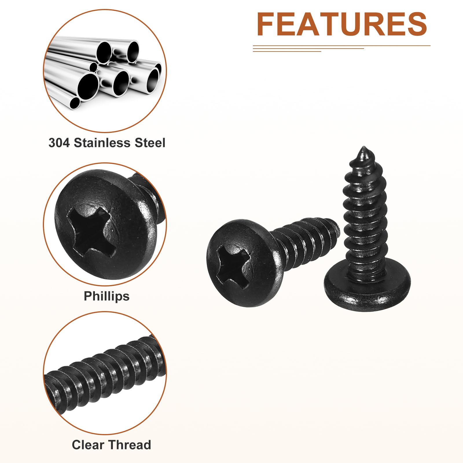 DTGN #10x5/8" Black Screws - 50Pack - 304 Stainless Steel Pan Head Phillips Screw - Image 4
