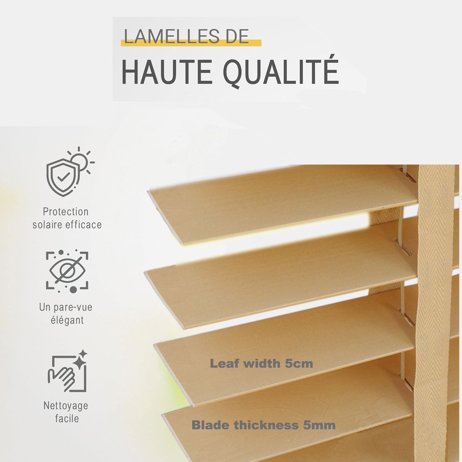Store Venitien Bois Lamelles 50 mm Extra Larges Chêne – Montage Facile Mur & Plafond – Brise-Vue Fenêtre Bois Massif – Stores Vénitiens Intérieurs & Extérieur