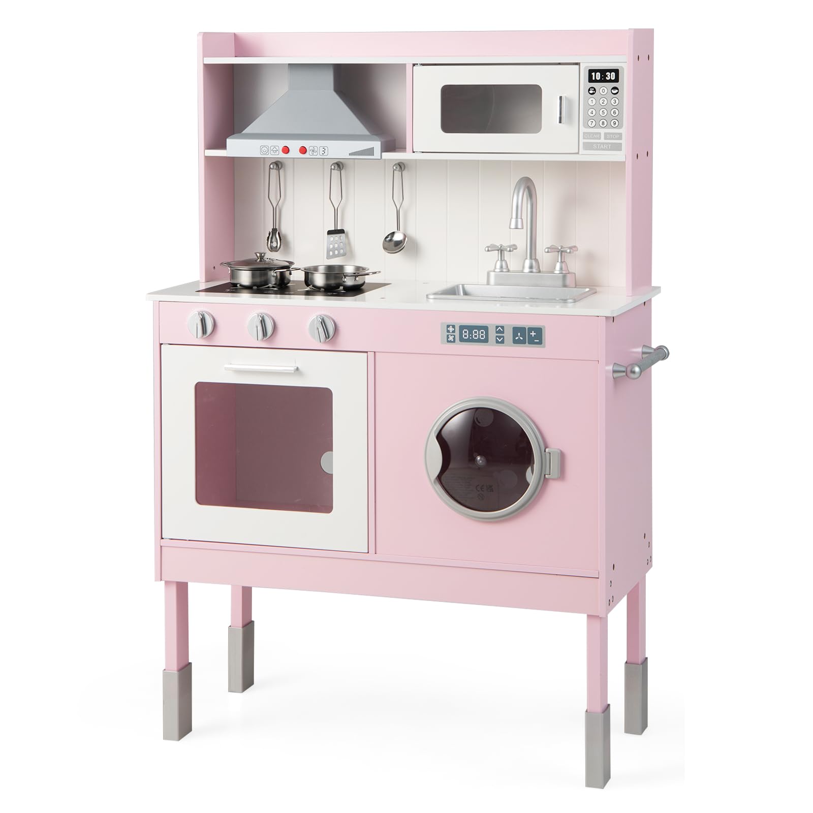 Maxmass Kids Wooden Kitchen, Height Adjustable Pretend Play Kitchen with Rich Accessories, Light & Sound, Range Hood & Wash Machine, Little Chef Cooking Role Playset for Boys Girls (70 x 29 x 101 cm)