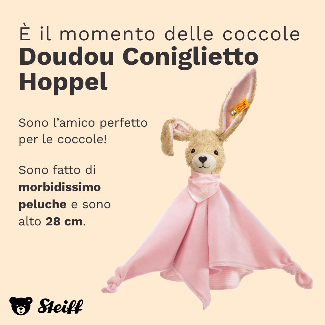 Steiff Peluche Doudou Coniglio Hoppel, dolce animale di stoffa per bambini, bambine e neonati da 0 mesi, gioco di 28 cm, rosa, 237546