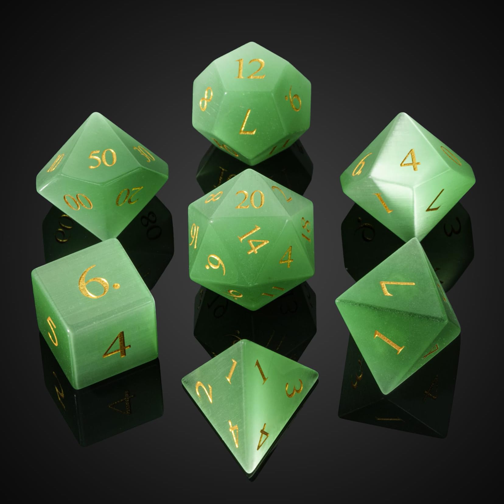 UDIXI Natural Gemstone DND Dice Set, 7PCS Crystal D&D Dice for Dungeons and Dragons, Handmade Stone Dice for MTG Table Games (Green Cat's Eye)