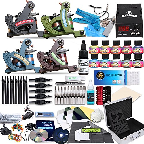 Dragonhawk Complete Tattoo Kit 4 Standard Tunings Tattoo Machines 10 Immortal Inks Skin Candy Inks Blue Soap Power Supply 50 Needles Grips Tips D139-1