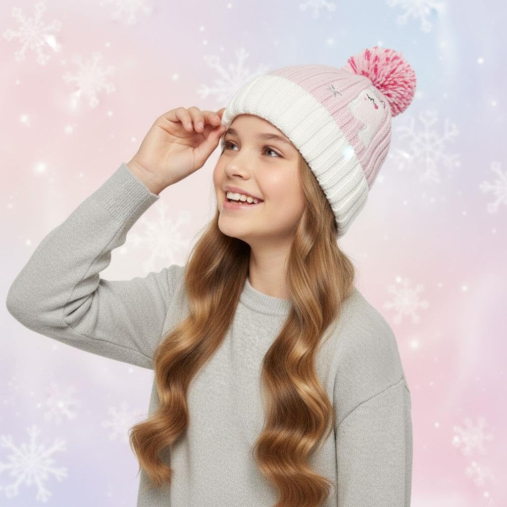 A2Z 4 Kids Niñas Sombrero Cable Tejido Pom Pom Sombrero Ribeteado Vuelto Beanie Invierno Caliente Forro de Fleece Acogedor Gorras Duradero Estiloso Cómodo Accesorios Invernales Sombreros