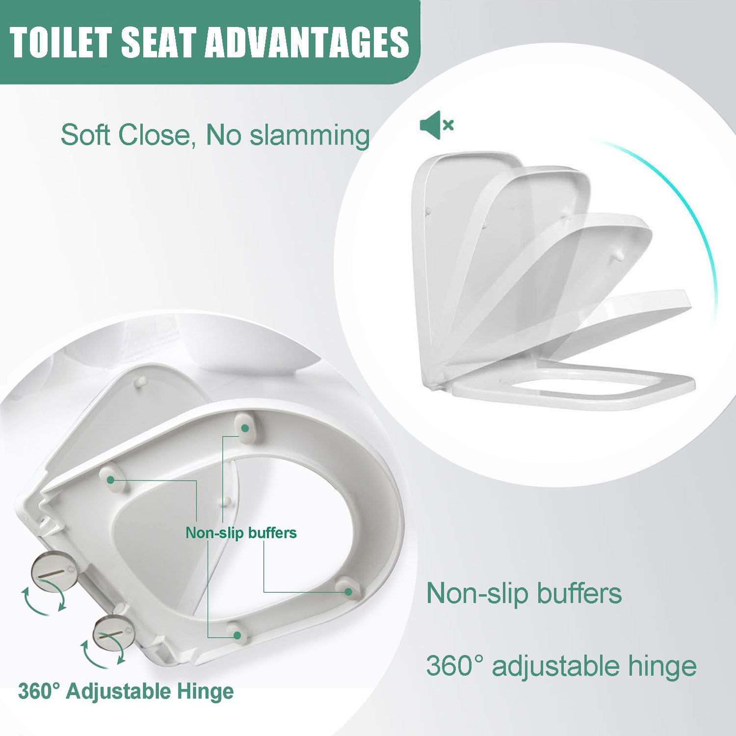 Asiento de inodoro en forma de D, cierre suave, bisagras de fijación superior, fácil de instalar, liberación rápida, tapa de polipropileno grueso, 46 x 36 cm, blanco, fácil de limpiar para baños e