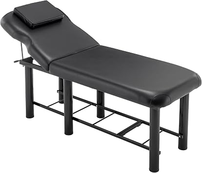 Professioanl Stationary Massage Table, Backrest Adjustable, Removable Headrest, Bottom Shelf Storage, Memory Foam Layer Salon Metal Bed, Black