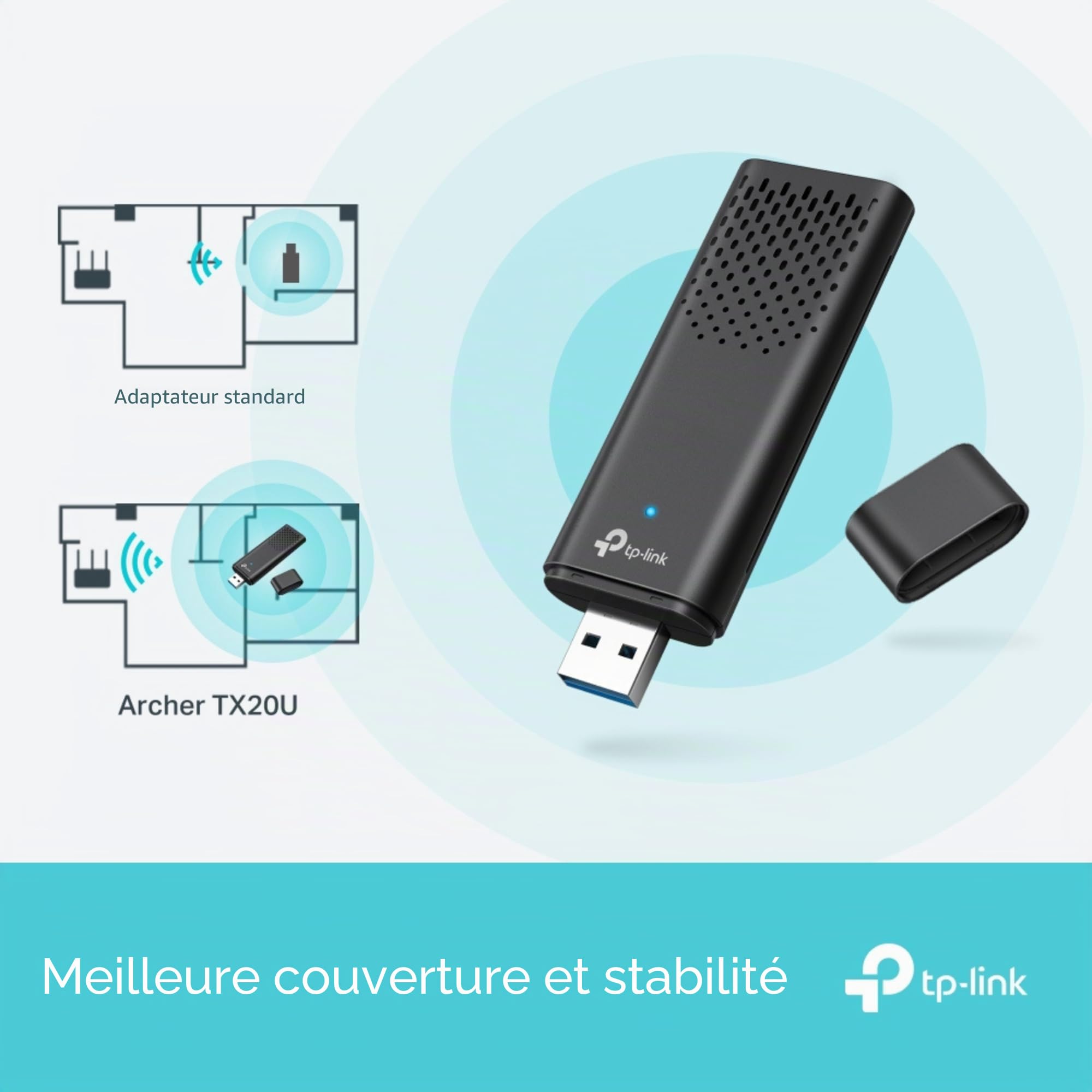 TP-Link Archer TX20U Clé WiFi AX1800 sans Fil Wi-FI 6 USB pour PC/Ordinateur Portable, dongle Wi-FI Double Bande USB 3.0 SuperSpeed, MU-MIMO, Latence Plus Faible, WPA3 hautement sécurisé, Prend en