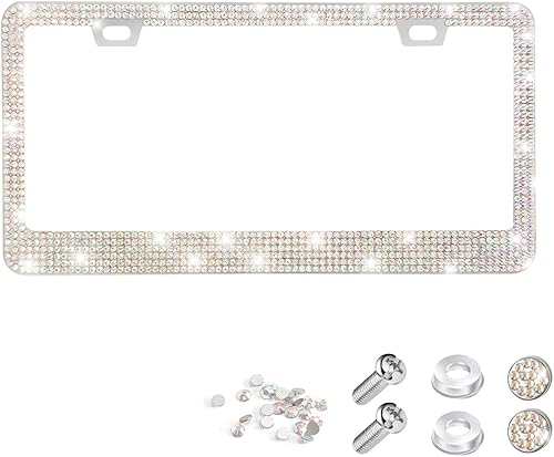 Marco de matrícula de automóvil brillante para mujer, cubierta de placa de acero inoxidable con purpurina con diamantes de imitación para niñas,